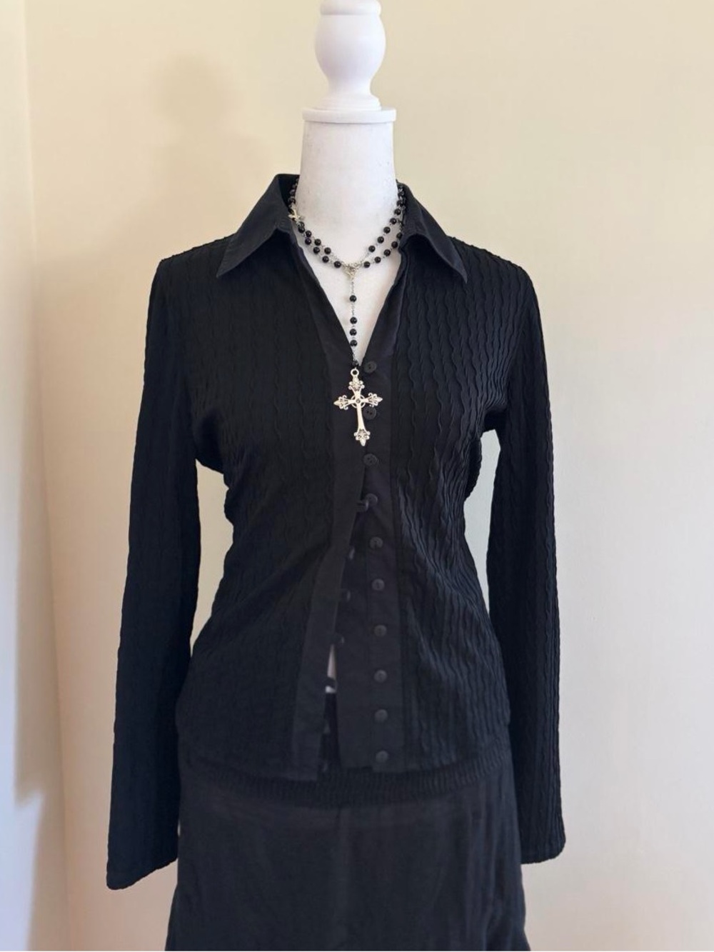 Vintage 90s witchy goth black button up collared blouse ribbed alternative Y2K L